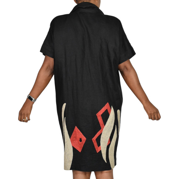 Vintage Andrea Jovine Linen Dress Black Print Abstract Embroidery Cocoon Medium - Picture 2 of 15